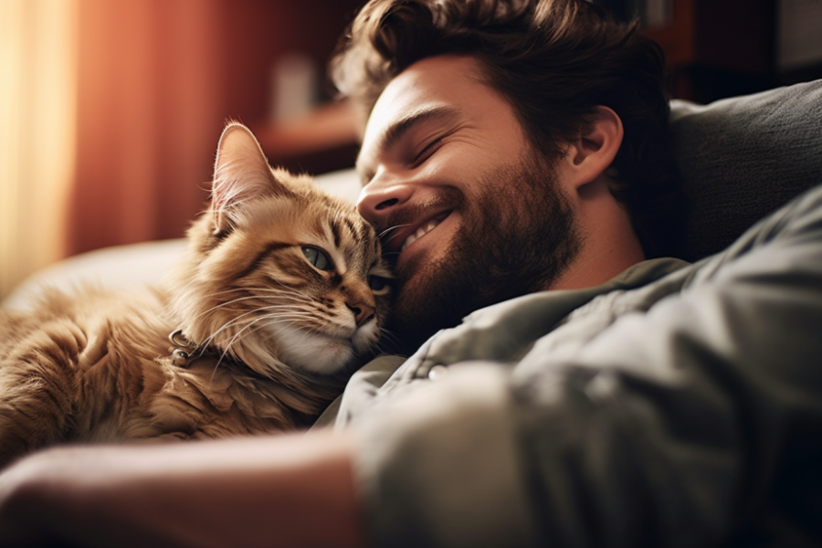 Szczęśliwy mężczyzna przytulający kota