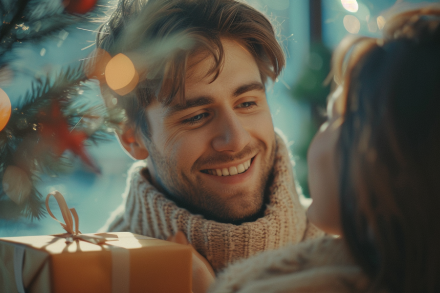 Uśmiechający się mężczyzna dający prezent kobiecie
