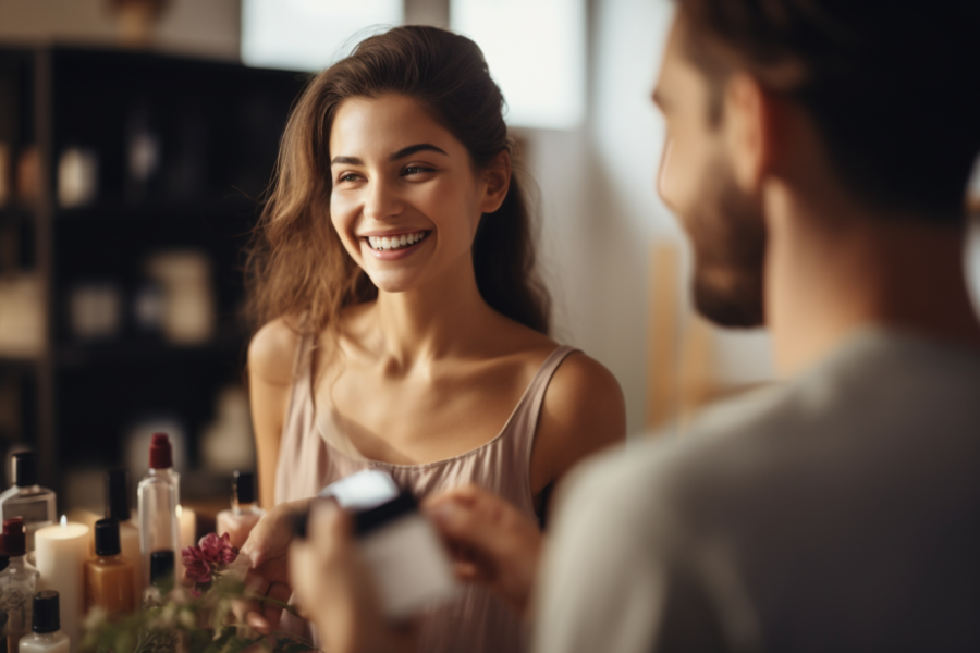 Kobieta dostaje kosmetyki na prezent