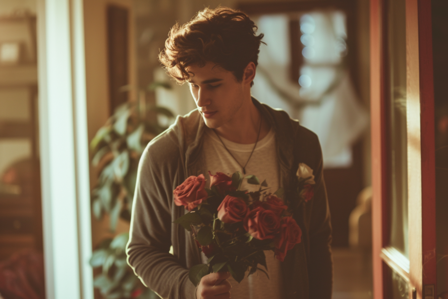 Mężczyzna niosący róże