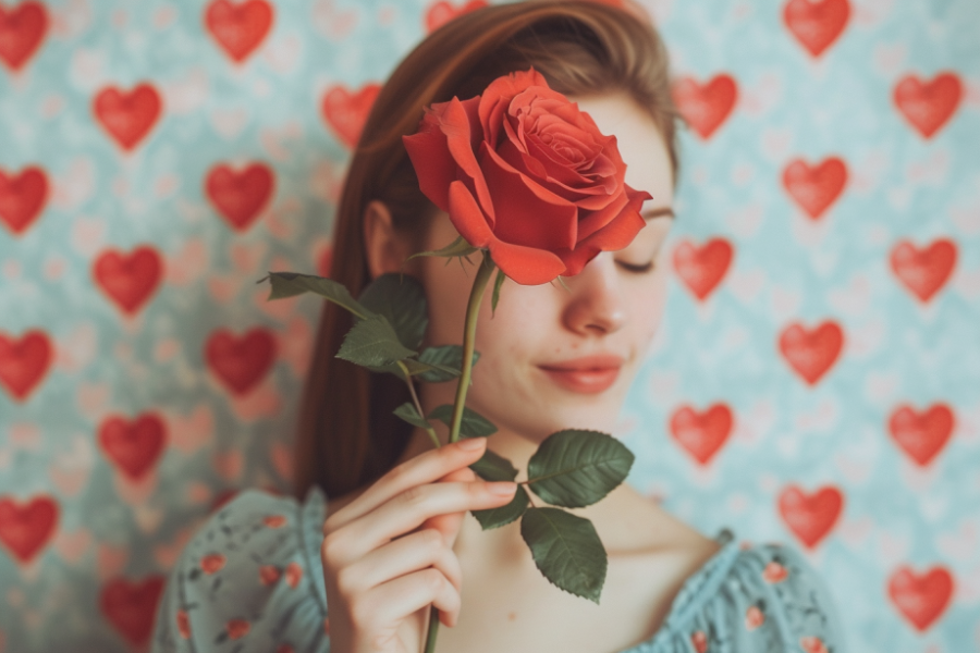 Kobieta z różą w ręku na tle ściany w serca