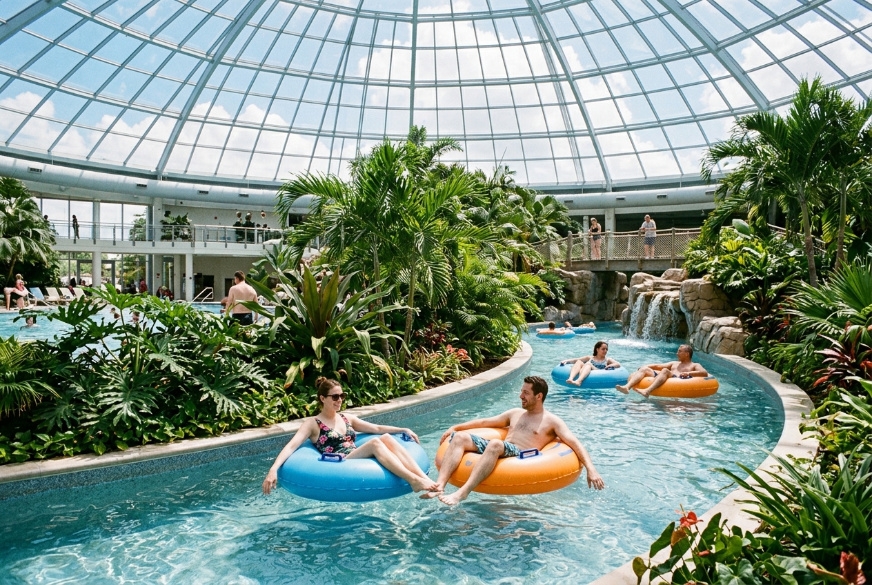 Co oferuje zadaszony aquapark i park wodny: baseny rekreacyjne, basen z falami, leniwa rzeka oraz strefa spa? – zdjęcie ilustrujące artykuł „Wizyta w aquap